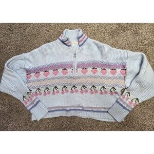 Sugar Moon Sweater Size Large Blue Pastel Cottagecore Cropped 1/4 Zip Collar